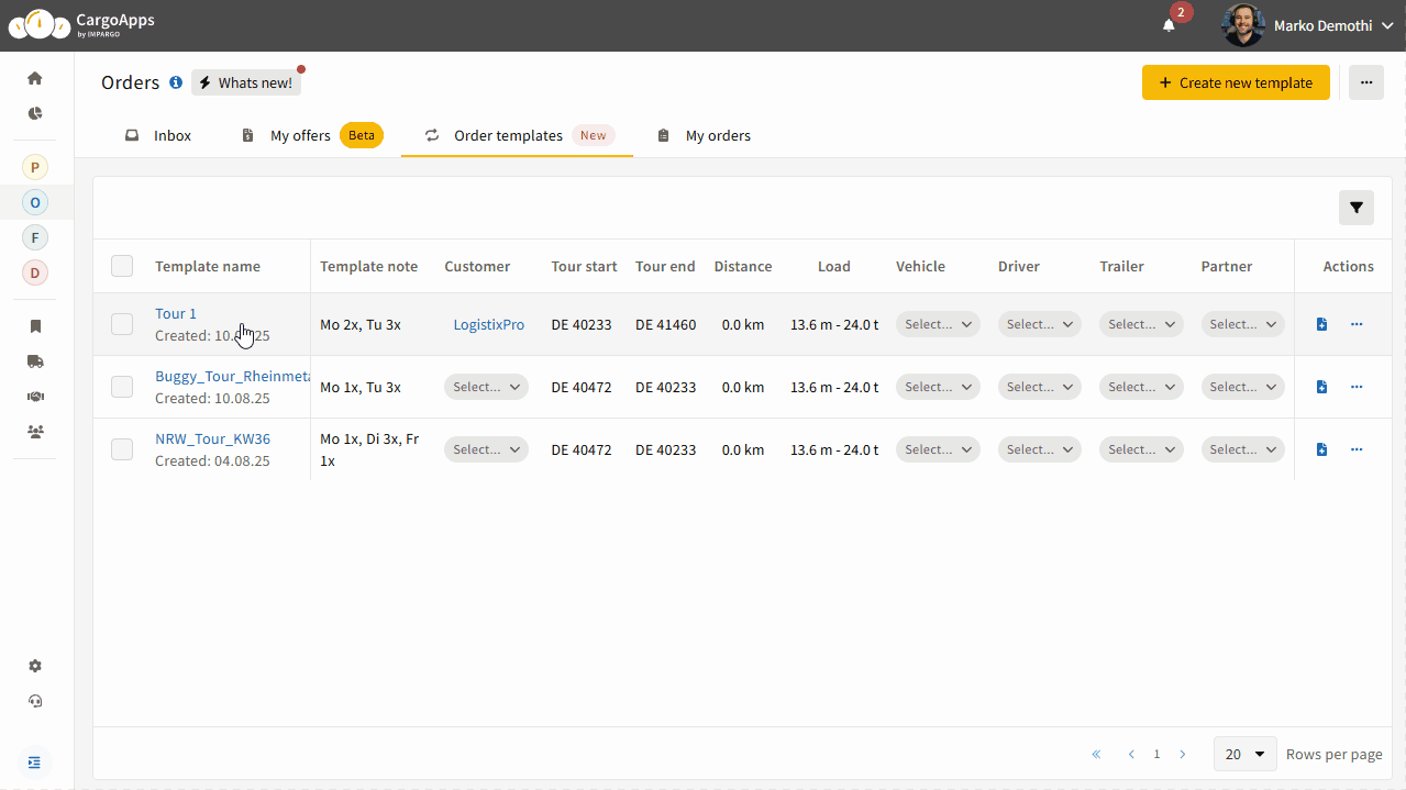 View transport orders created from template