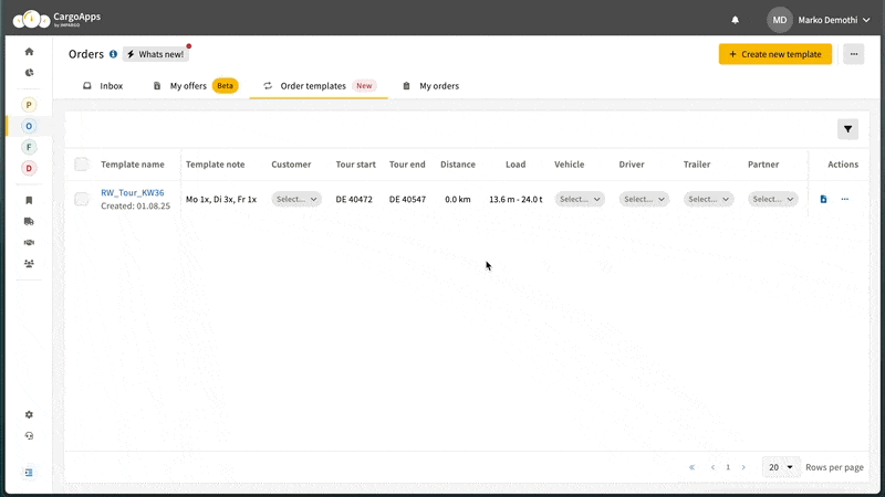 Create transport order from template