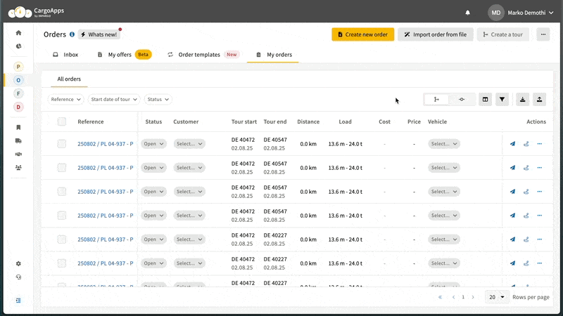 View transport order templates by filter options