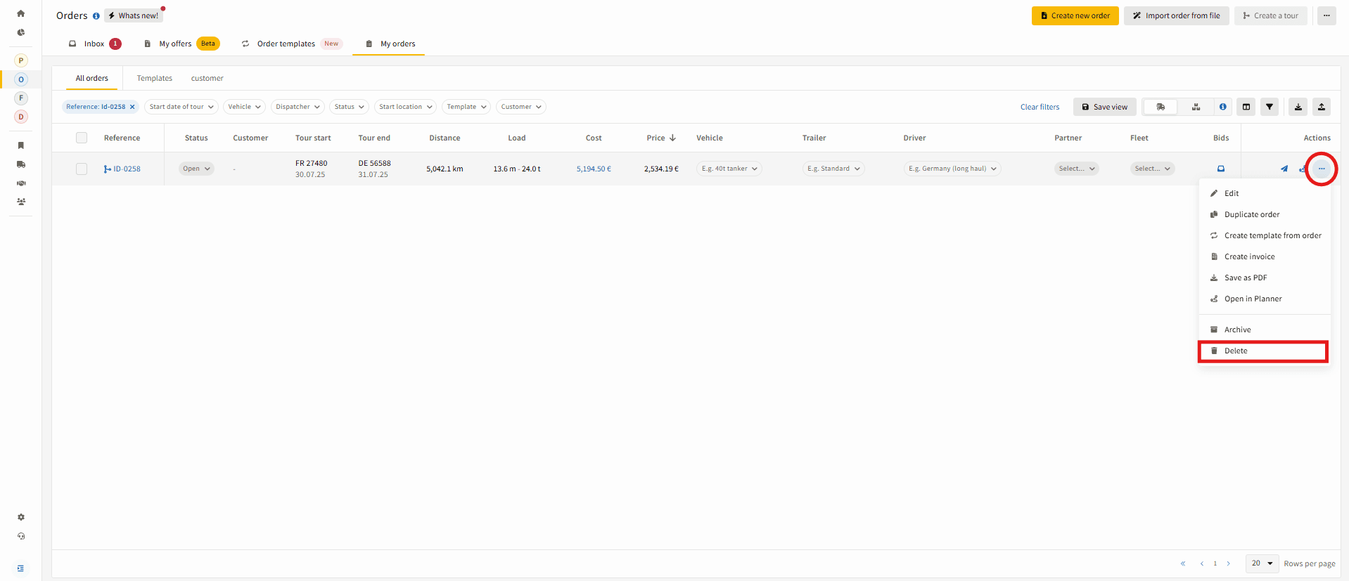 Delete truck tour from the IMPARGO Orders module