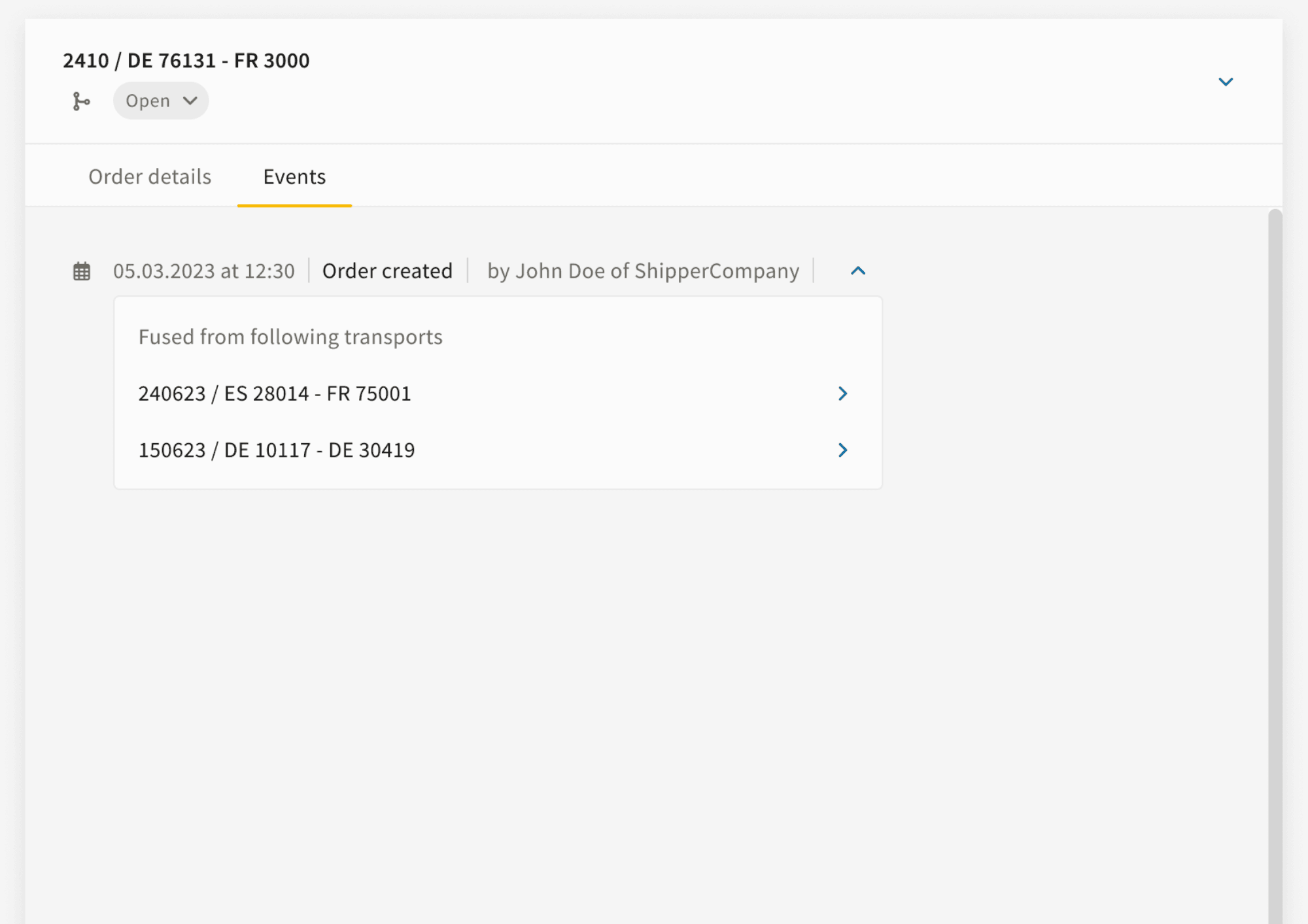 Events tracking tab inside the created truck tour