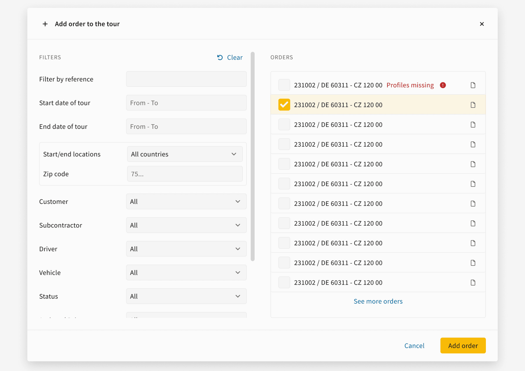 Add transport order to a truck tour
