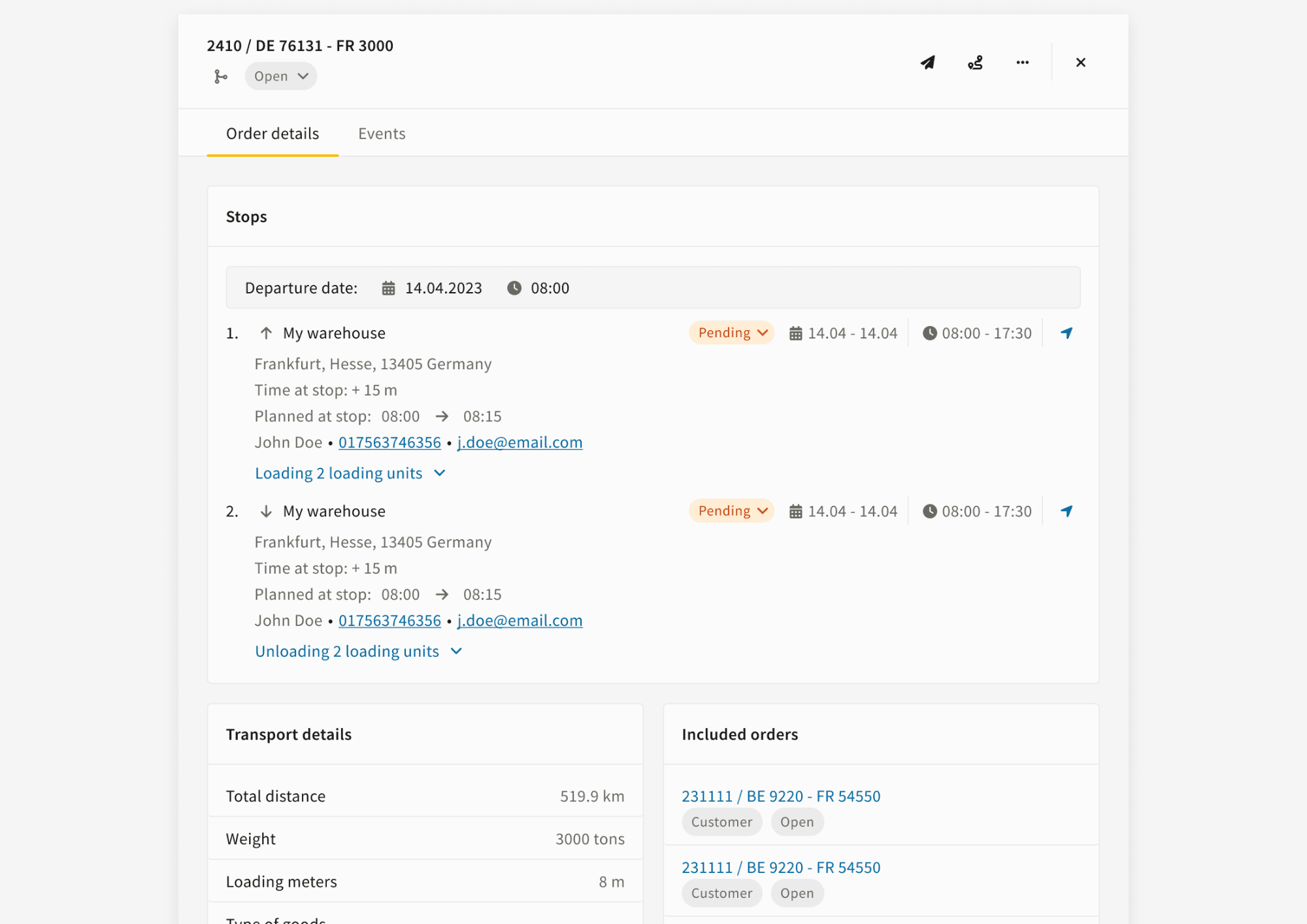 Order details tab inside the created truck tour