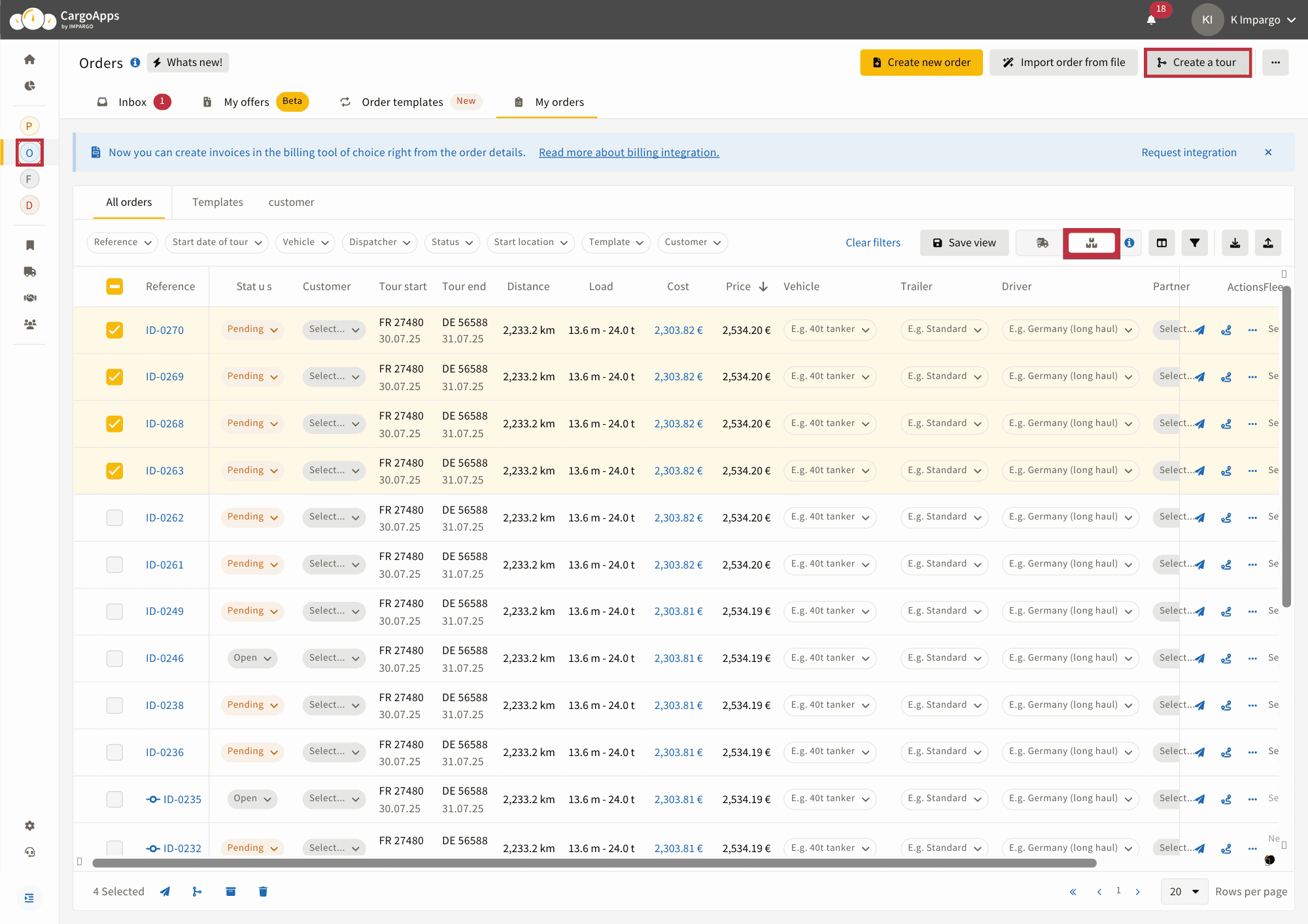 Create a truck tour in the Orders module