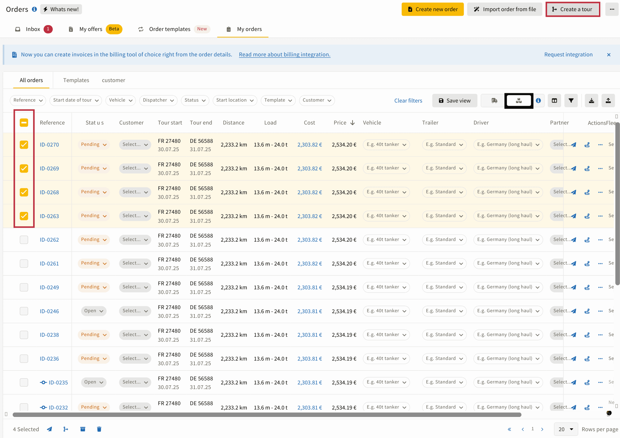 Select multiple orders to create a truck tour