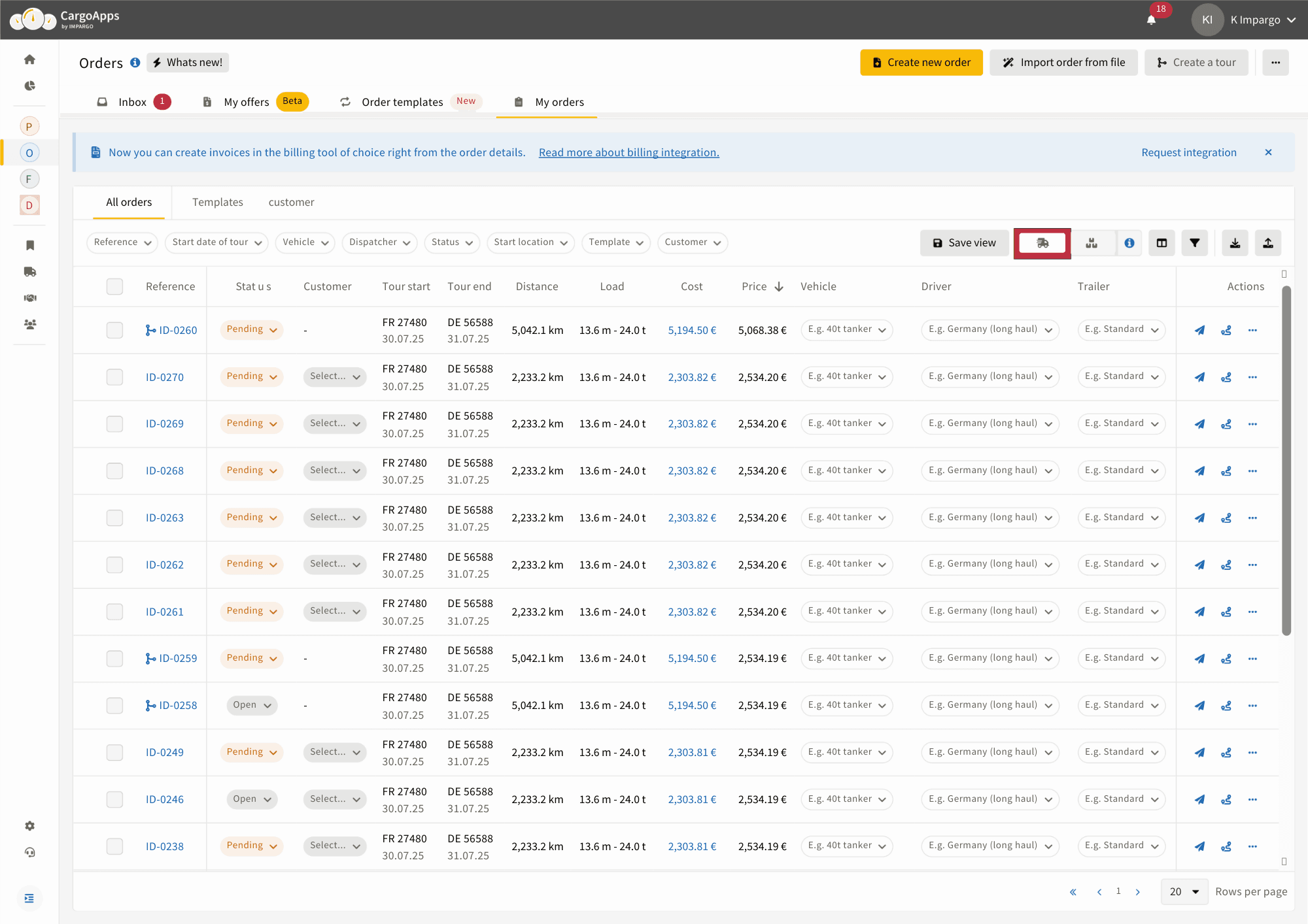 Transports View in your orders table