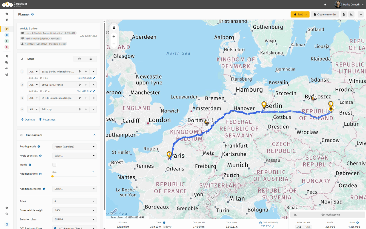 IMPARGO LKW-Routenplaner mit integriertem Mautrechner — Planner Module Oberfläche