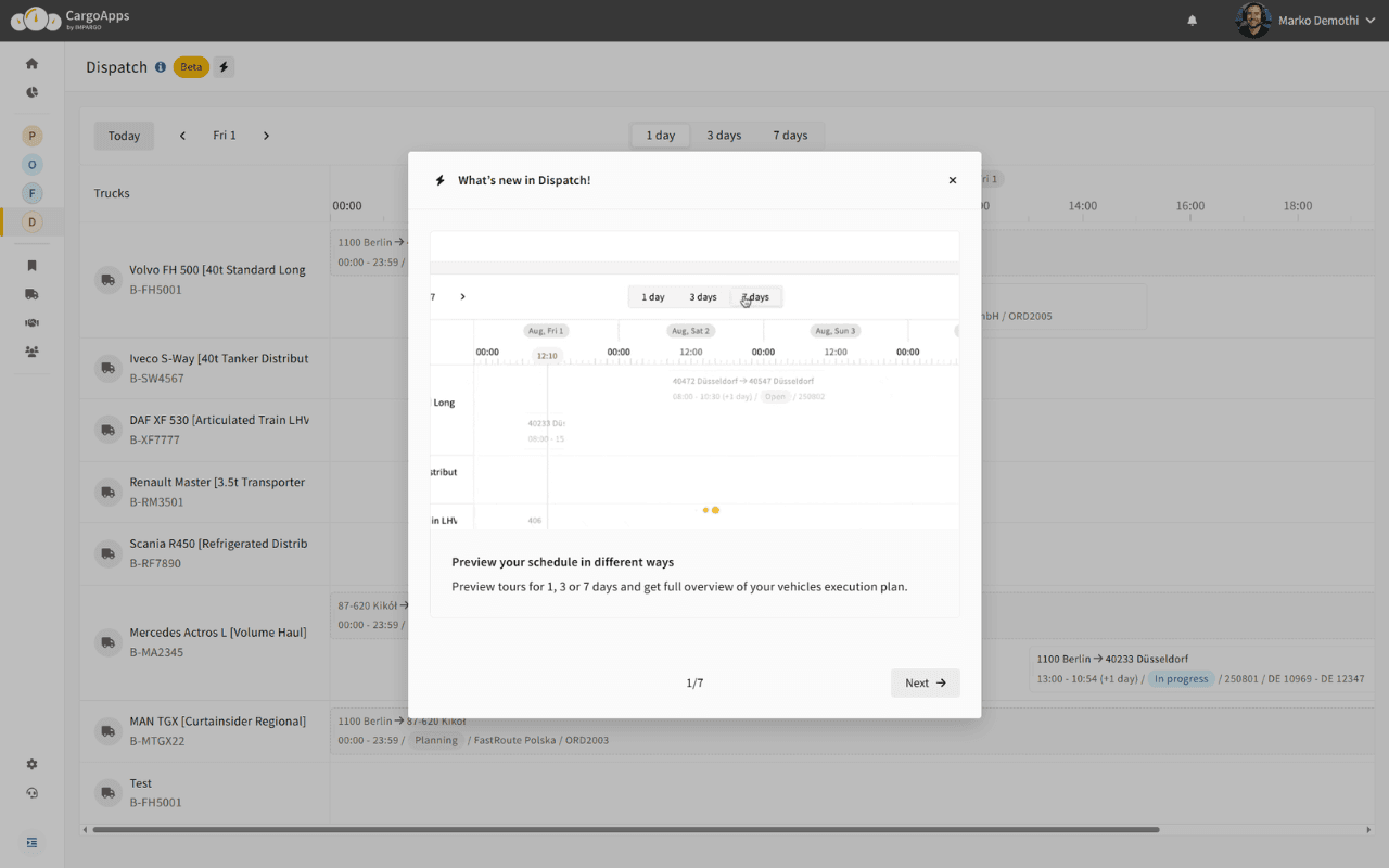 Timeline views for daily, 3-day, or weekly dispatch planning
