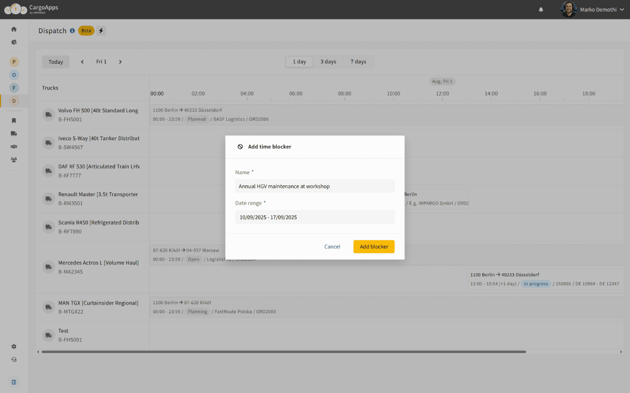 Blocking driver/vehicle availability and maintenance in the dispatch plan