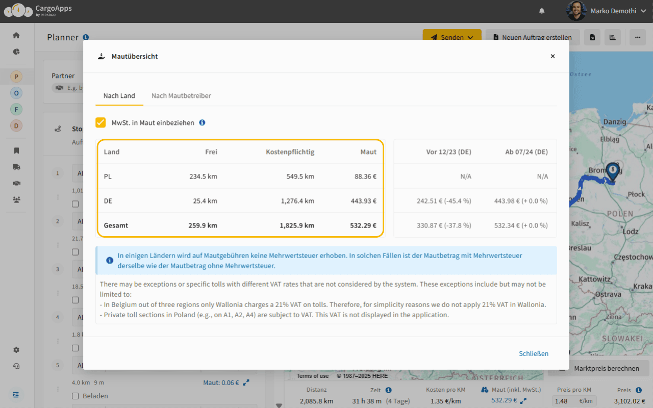 IMPARGO Lkw-Mautrechner: EU-weite Mautprognose inkl. Brücken- und Tunnelgebühren
