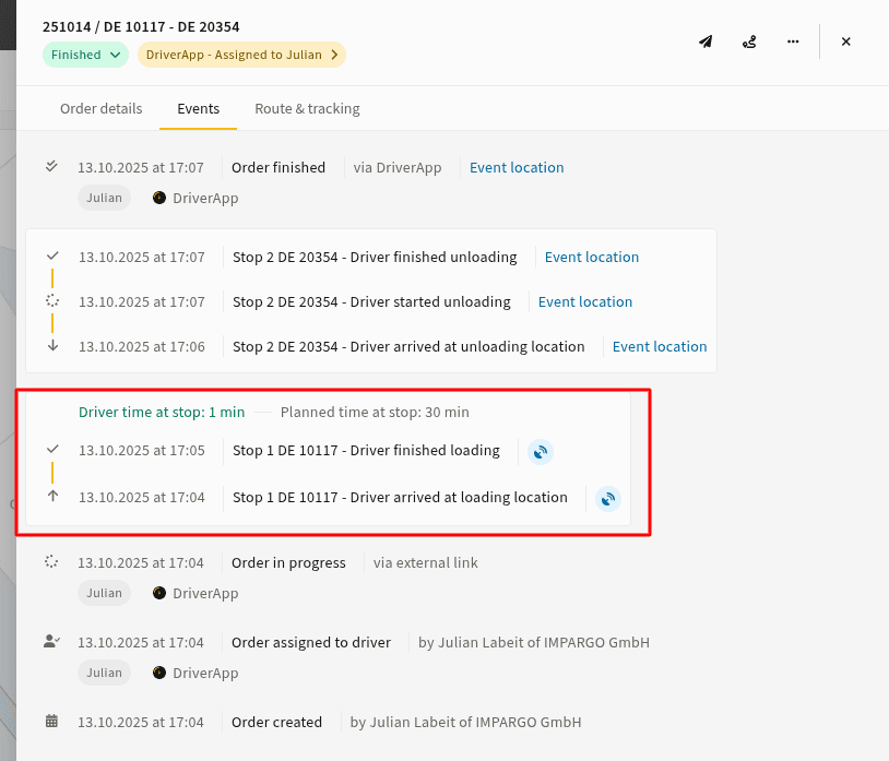 Viewing automated and manual events in IMPARGO DriverApp