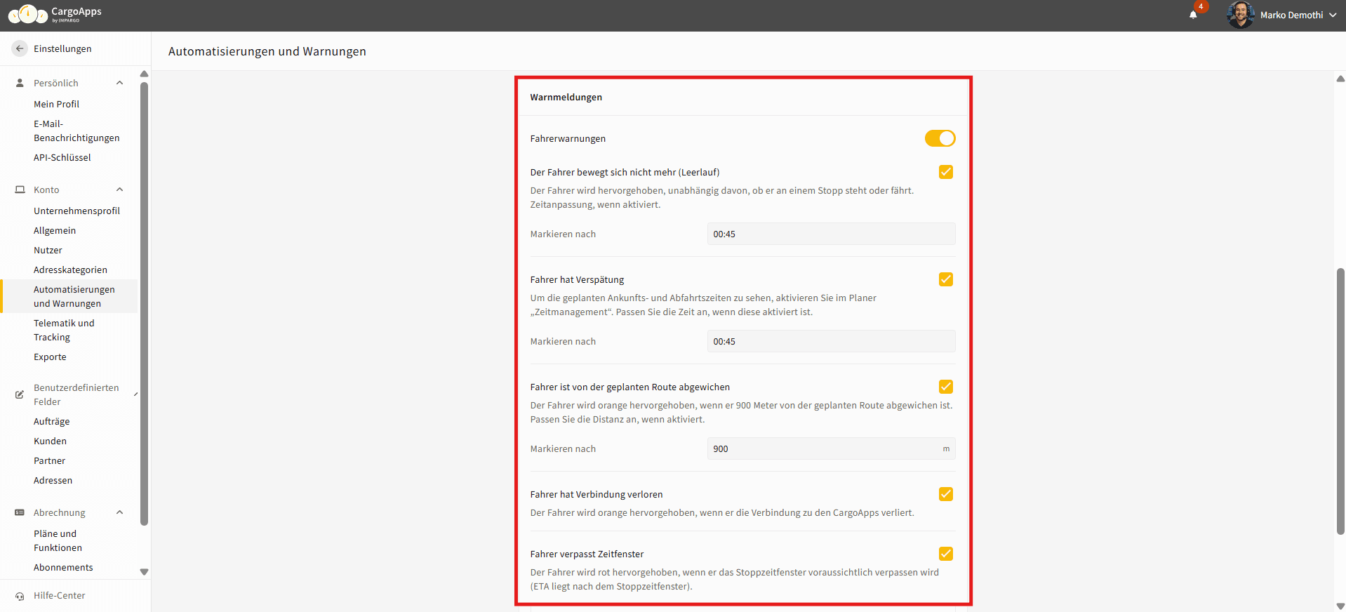 Fahrer Warnmeldungen in IMPARGO TMS