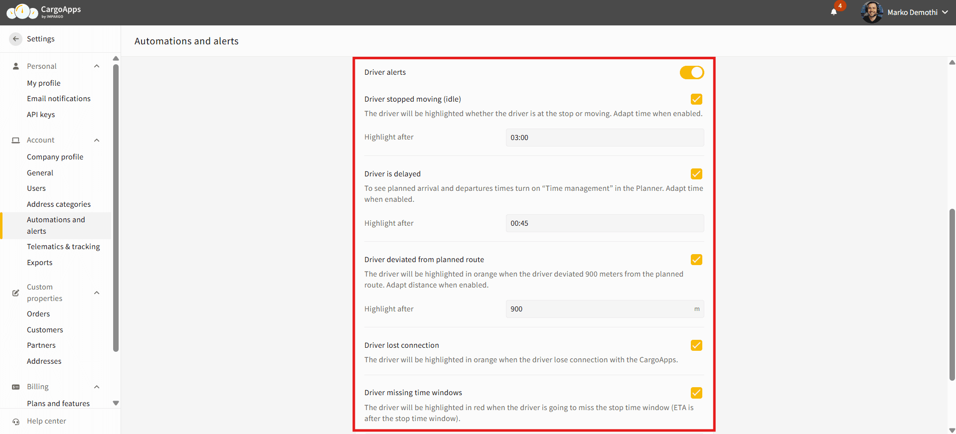Automatic driver alerts in IMPARGO TMS