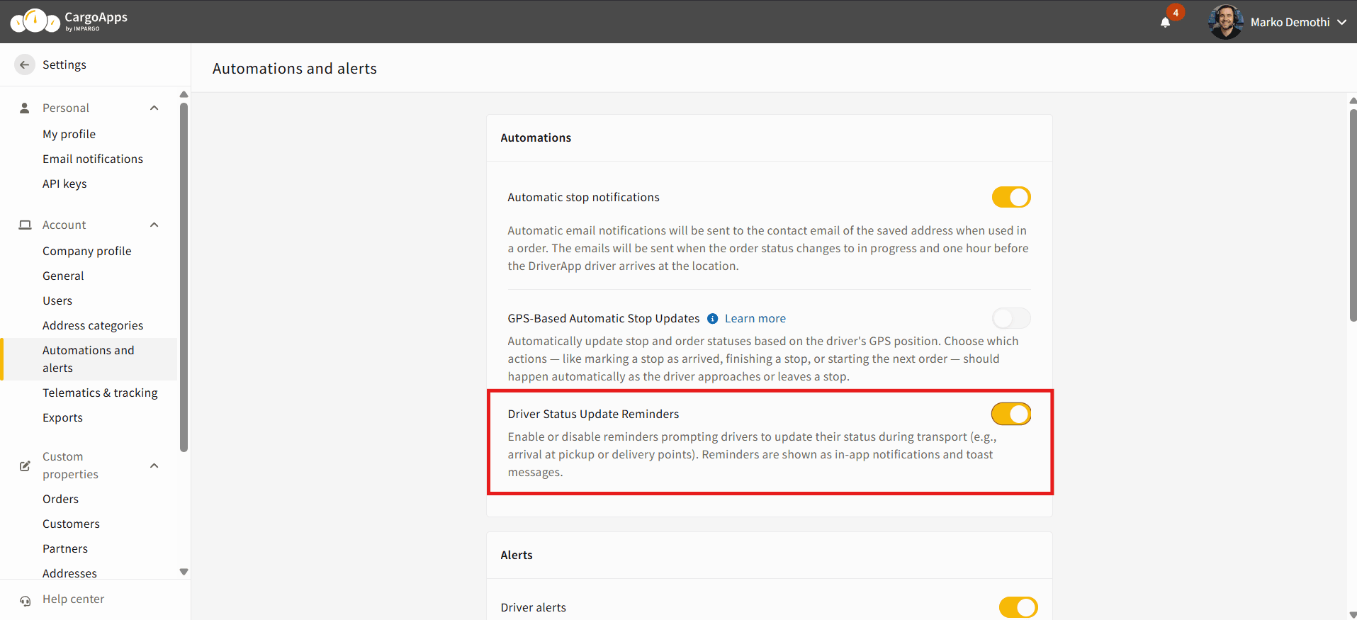 Driver automatic status updates reminder in IMPARGO TMS
