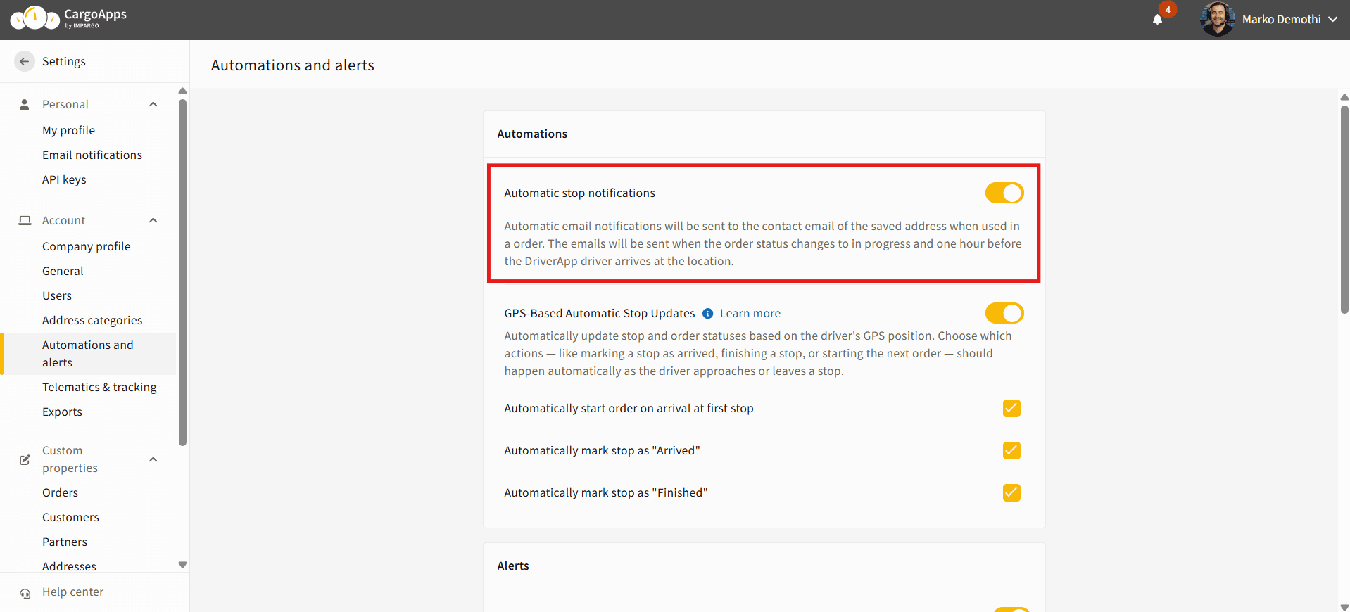 Email automatic notifications in IMPARGO TMS
