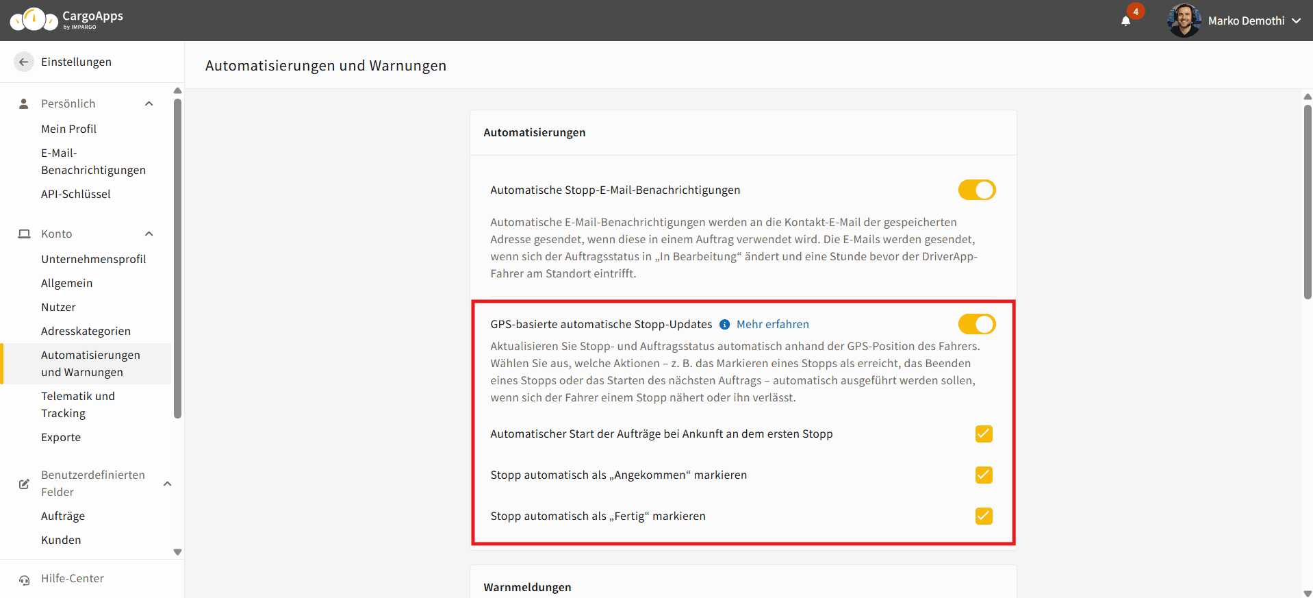 GPS-basierte automatische Stopp-Updates in IMPARGO TMS