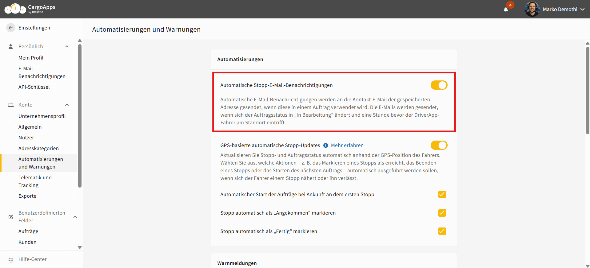 Automatische Stopp-E-Mail-Benachrichtigungen in IMPARGO TMS