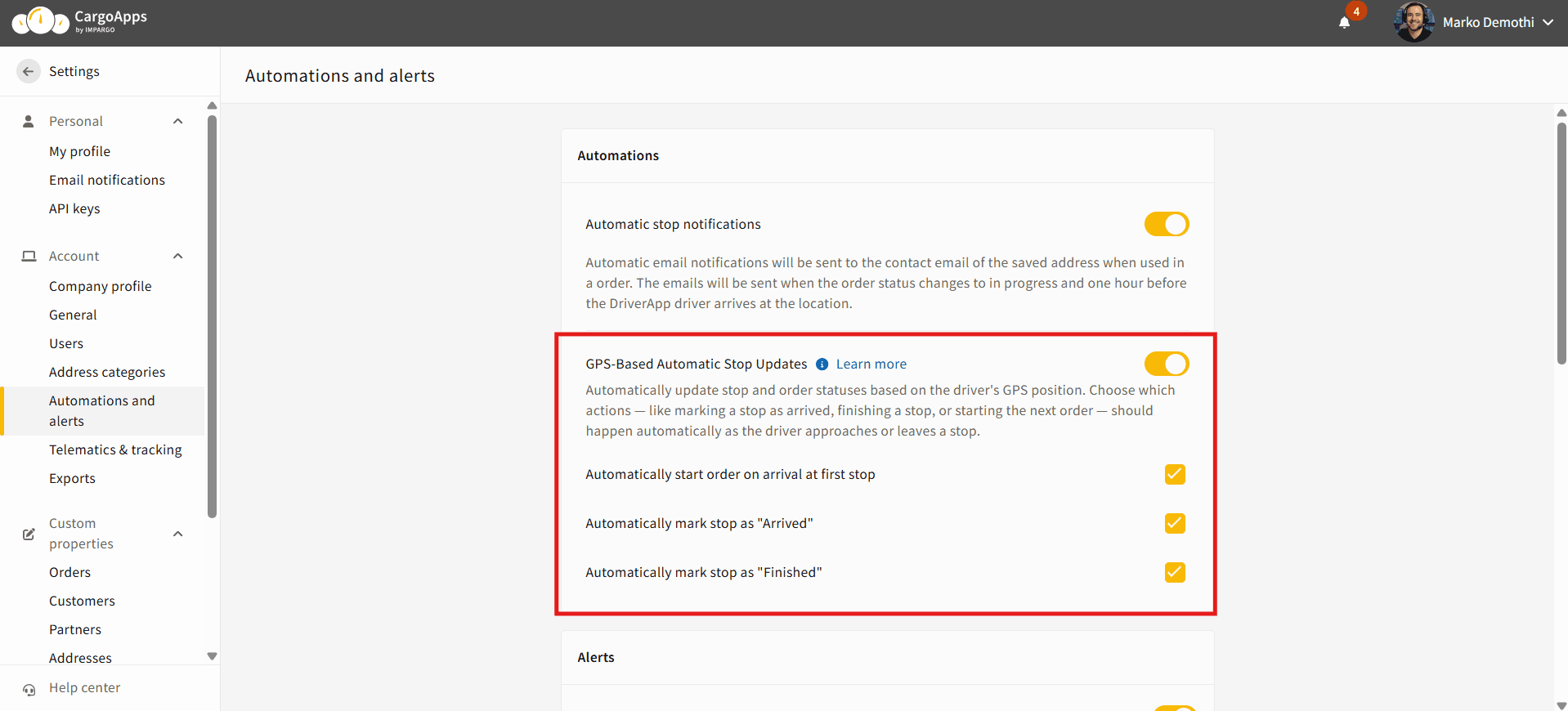 GPS-based automatic notifications in IMPARGO TMS