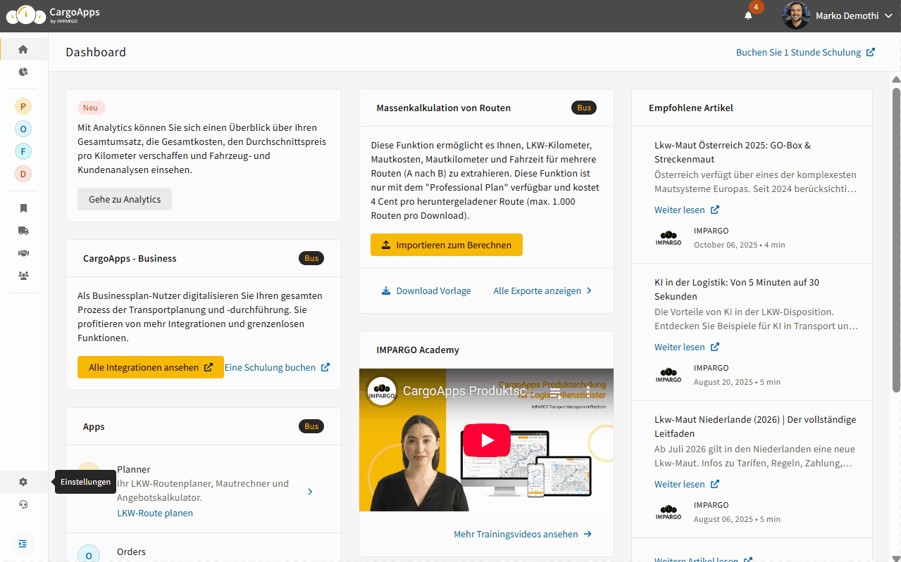 Automatisierungen und Benachrichtigungseinstellungen in IMPARGO TMS