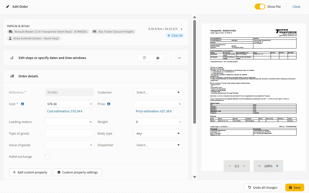 side by side view for AI generated transport order in IMPARGO TMS