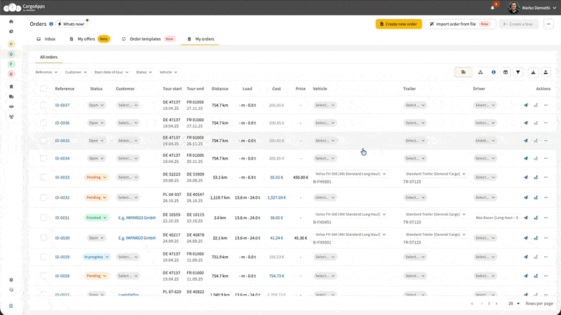 Drag PDF file to create AI generated transport order in IMPARGO TMS system