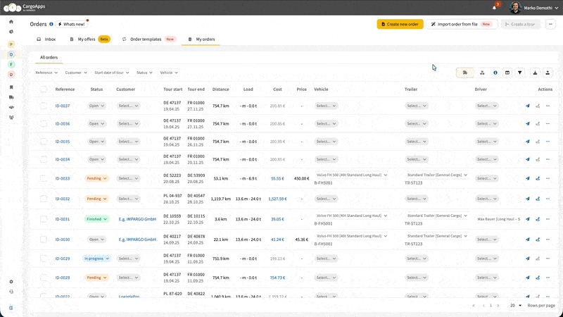 Import transport order from PDF file with AI in IMPARGO TMS order management