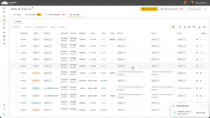 Review AI generated transport order in IMPARGO TMS order management