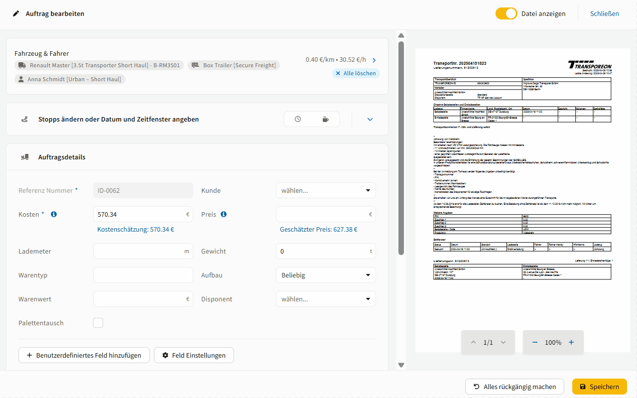 Seitenansicht für KI-generierte Transportaufträge in der IMPARGO TMS