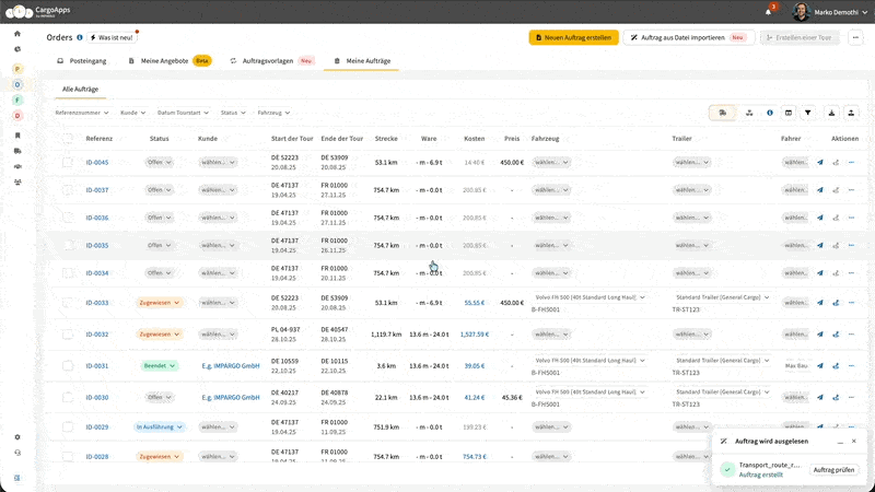 Überprüfen Sie den KI-generierten Transportauftrag im Auftragsmanagement von IMPARGO TMS