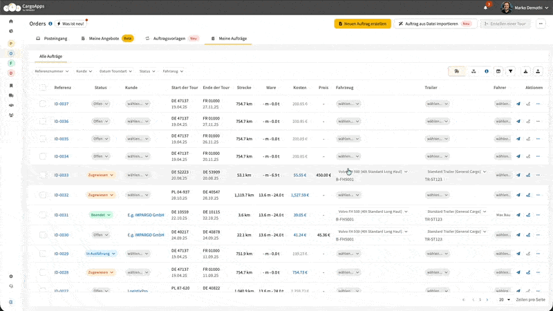 Ziehen Sie die PDF-Datei, um einen AI-generierten Transportauftrag im IMPARGO TMS-System zu erstellen