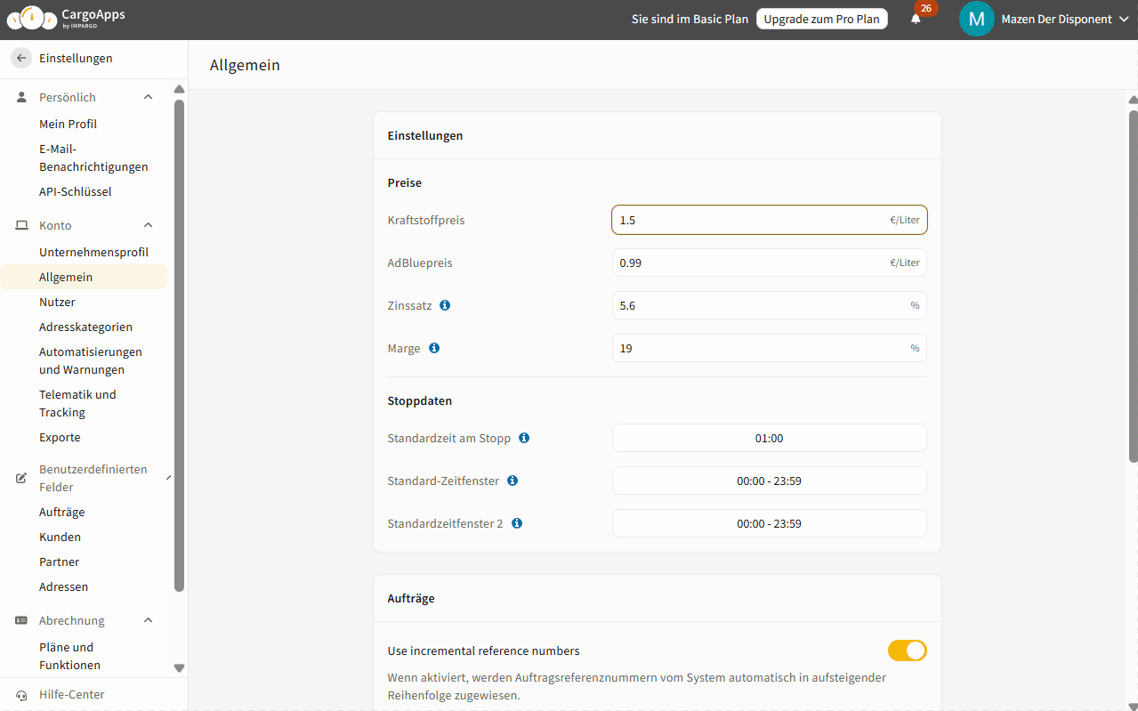 IMPARGO TMS Allgemeine Einstellungen bearbeiten