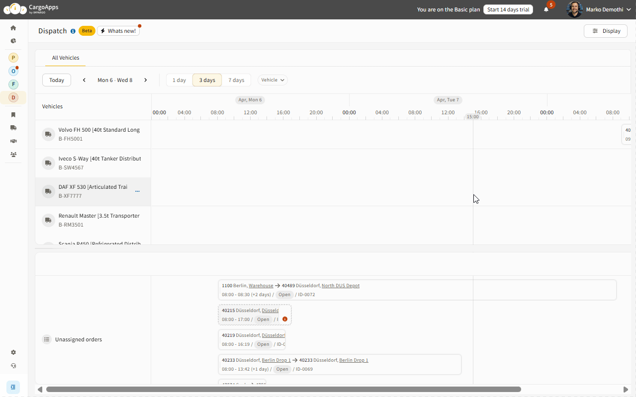 The Dispatch Module showing the Unassigned Orders section below the timeline. The timeline range is adjusted and the panel updates to show only orders within the selected timeframe.