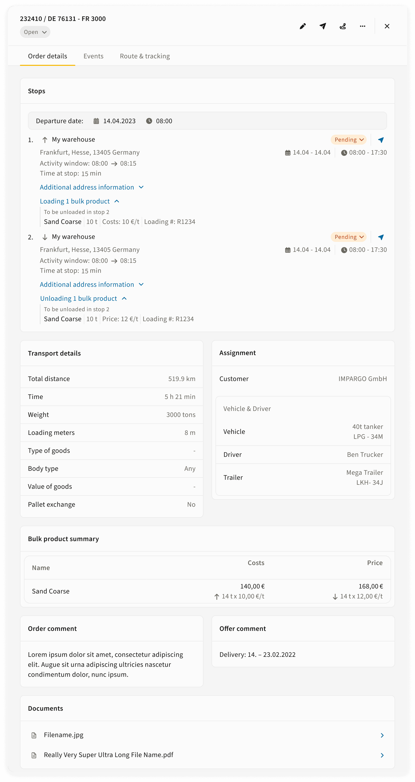 Vollständige Auftragsvorlage-Details mit Schüttgütern, Sendungsstatus und Kundendaten