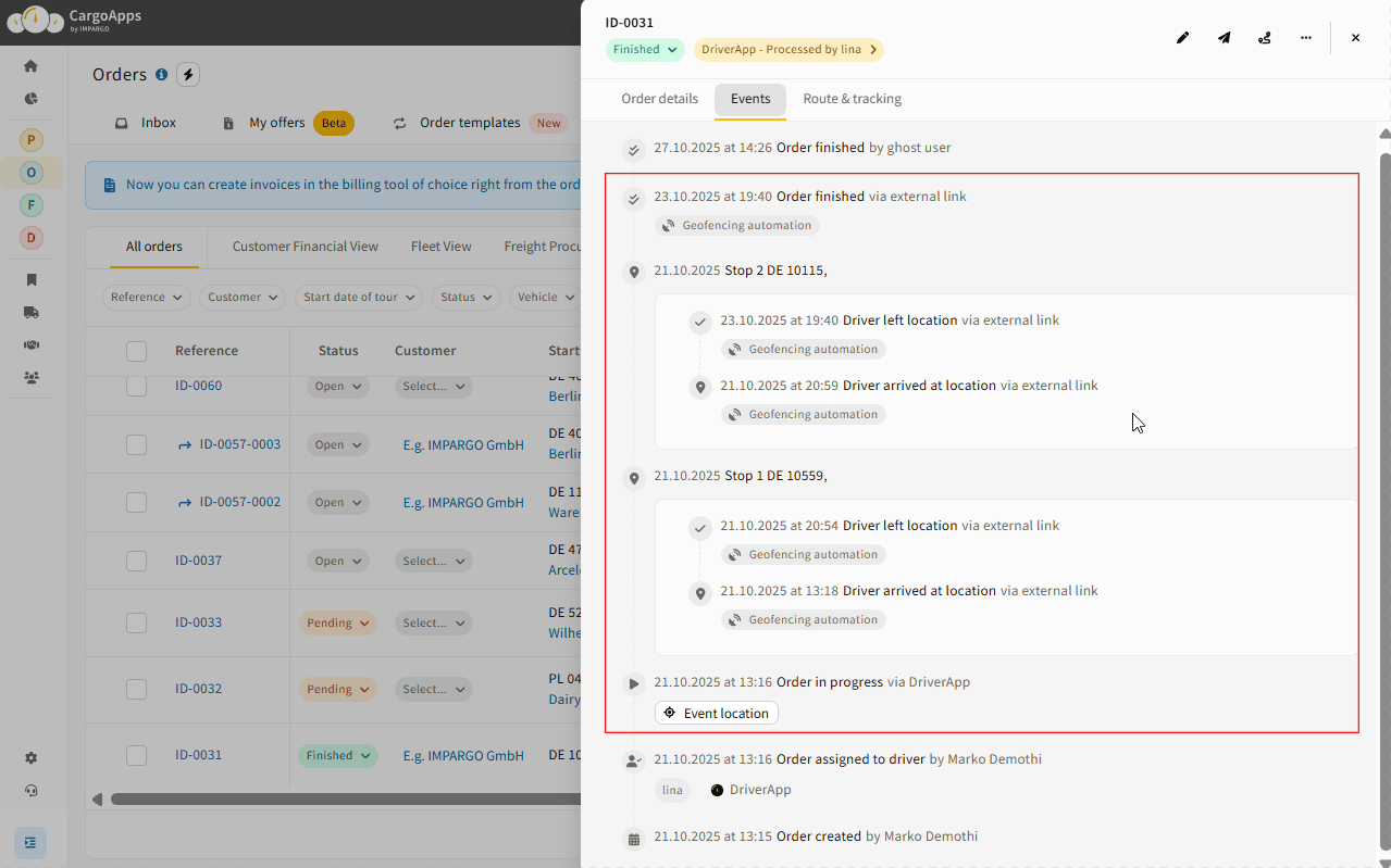 Viewing automated and manual events in IMPARGO DriverApp