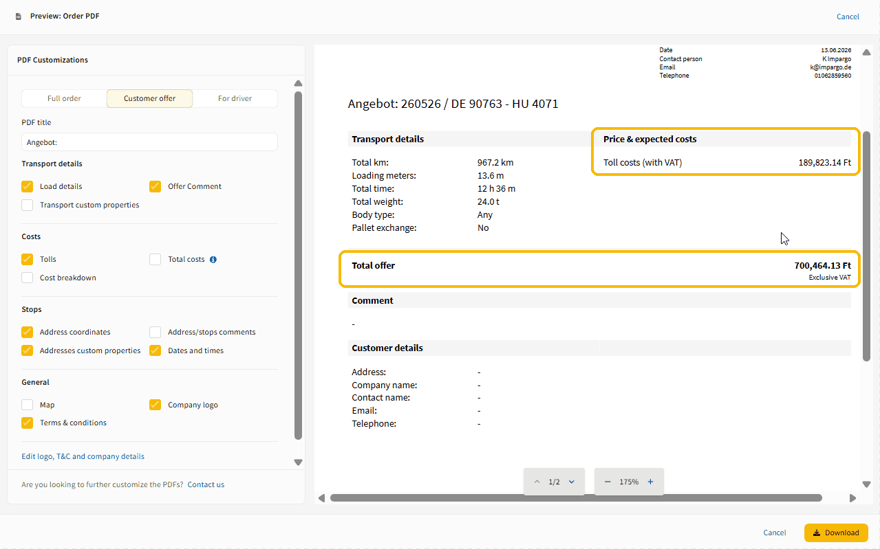 Customer offer PDF with the expected costs and the total offer displayed in Hungarian Forint