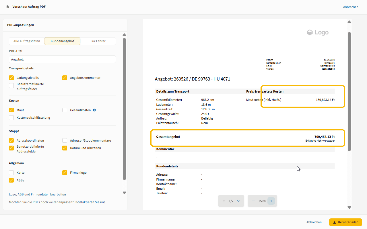 Angebots-PDF mit den erwarteten Kosten und dem Gesamtangebot in Ungarischem Forint