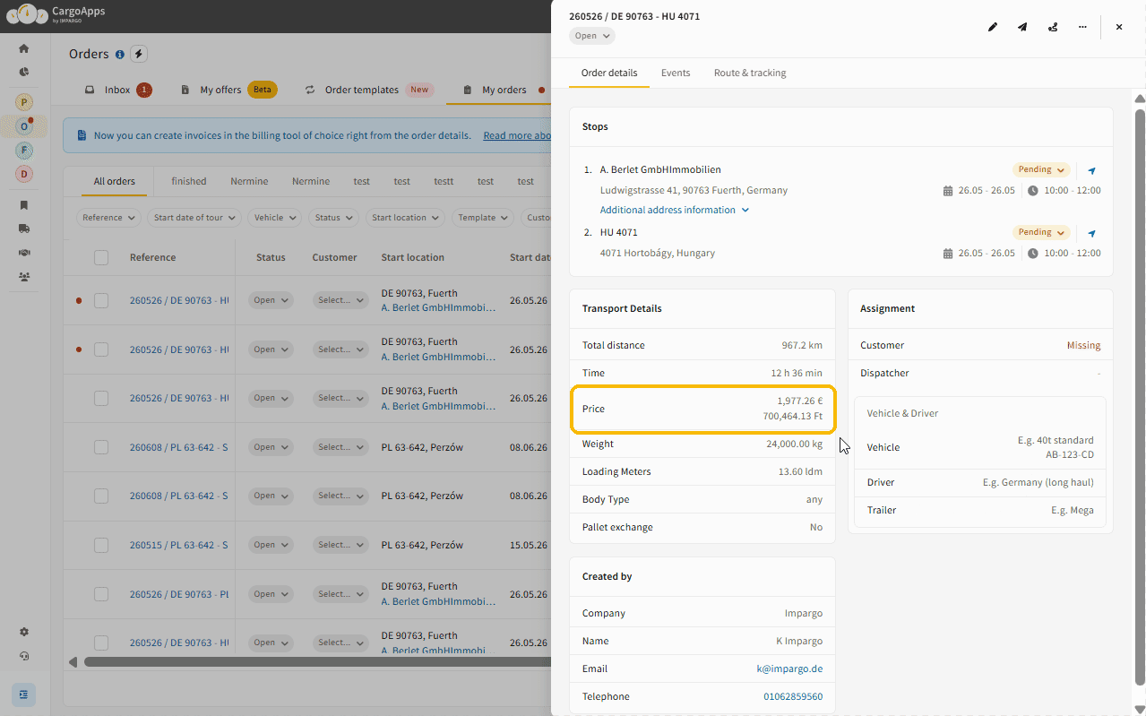 Order details drawer with the transport price displayed in euros and Hungarian Forint