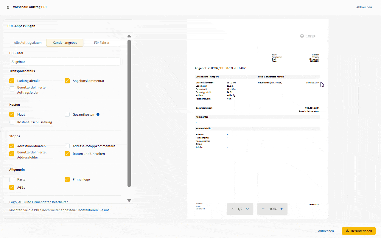 Animierte Demo: vollständiges Auftrags-PDF mit Euro-Summen und Forint-Gegenwert sowie Angebots-PDF in Ungarischem Forint
