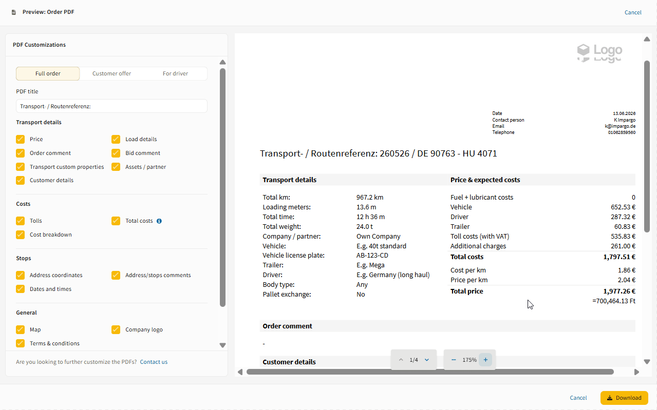 Animated demo: full order PDF with euro totals and the Hungarian Forint equivalent, and the customer offer PDF in Hungarian Forint