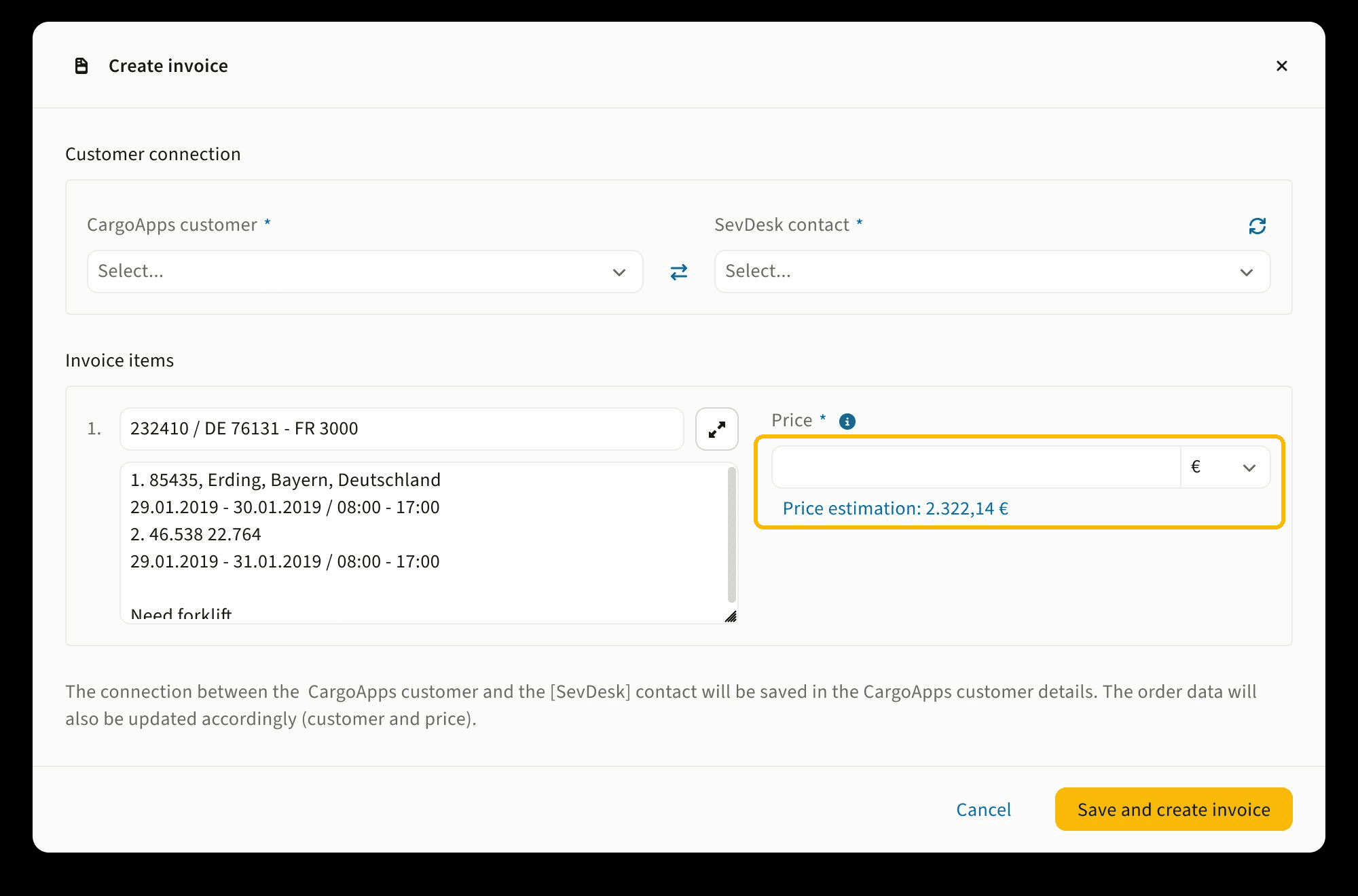 Invoice preview modal with the order price and currency selector in IMPARGO