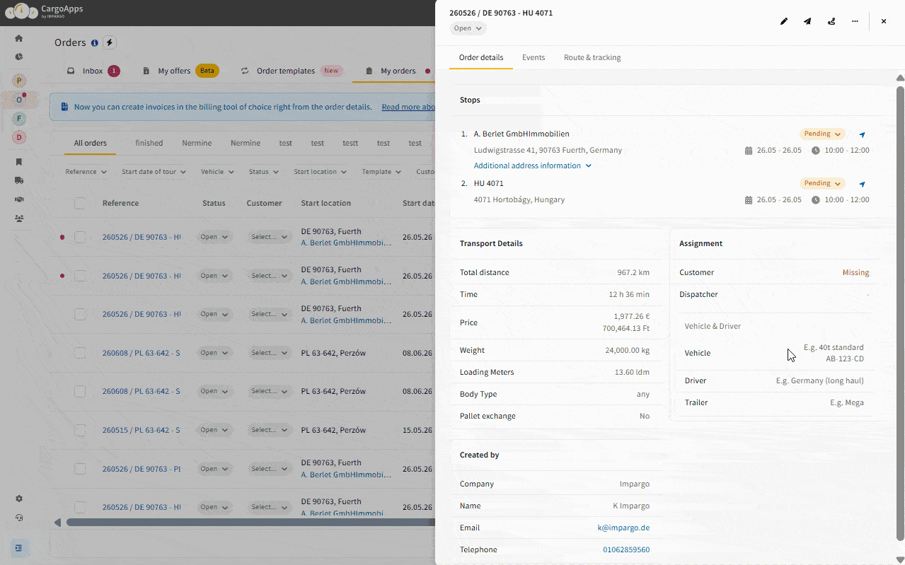 Animated demo: orders table and order details showing prices in euros and the order currency