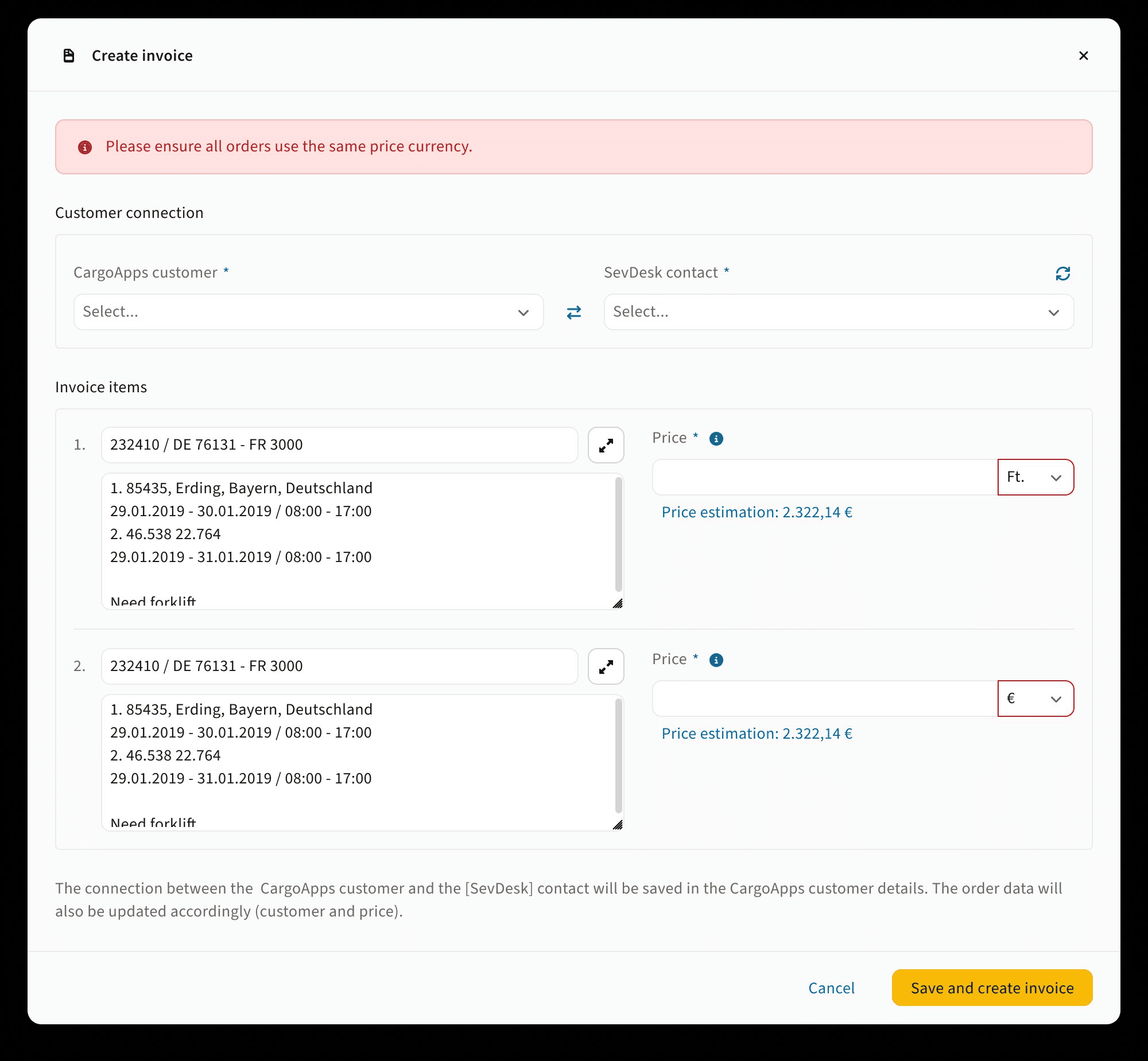 Bulk invoice alert asking to ensure all orders use the same price currency