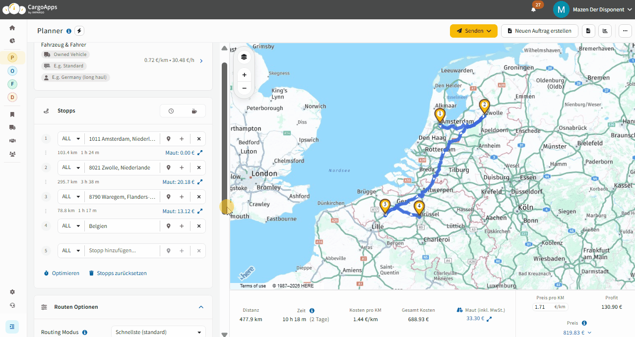 Berechnung der belgischen und niederländischen LKW-Mautkosten auf einer Route in IMPARGO
