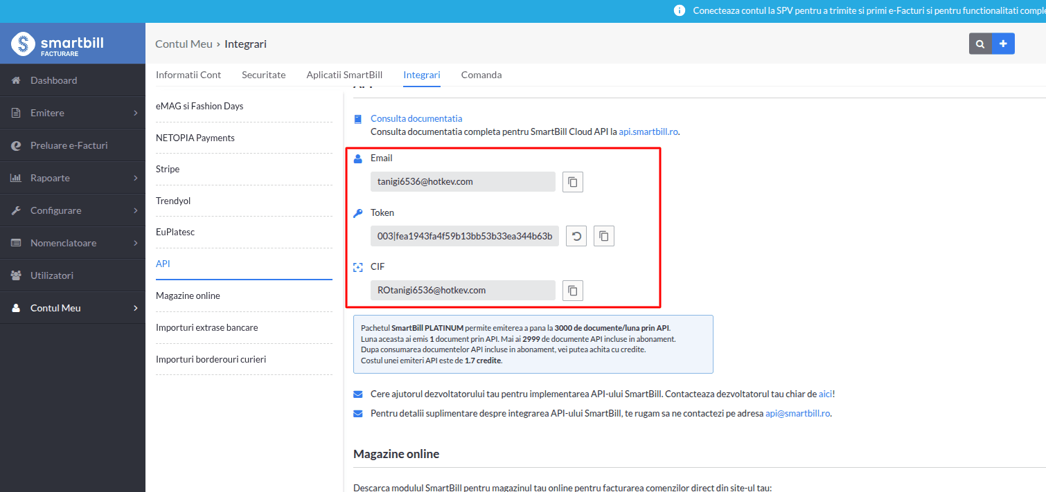 Email, Token und CIF in den SmartBill API-Integrationseinstellungen