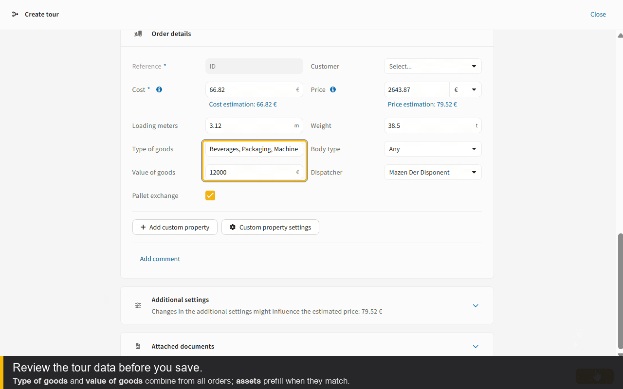Review the pickup tour data before saving