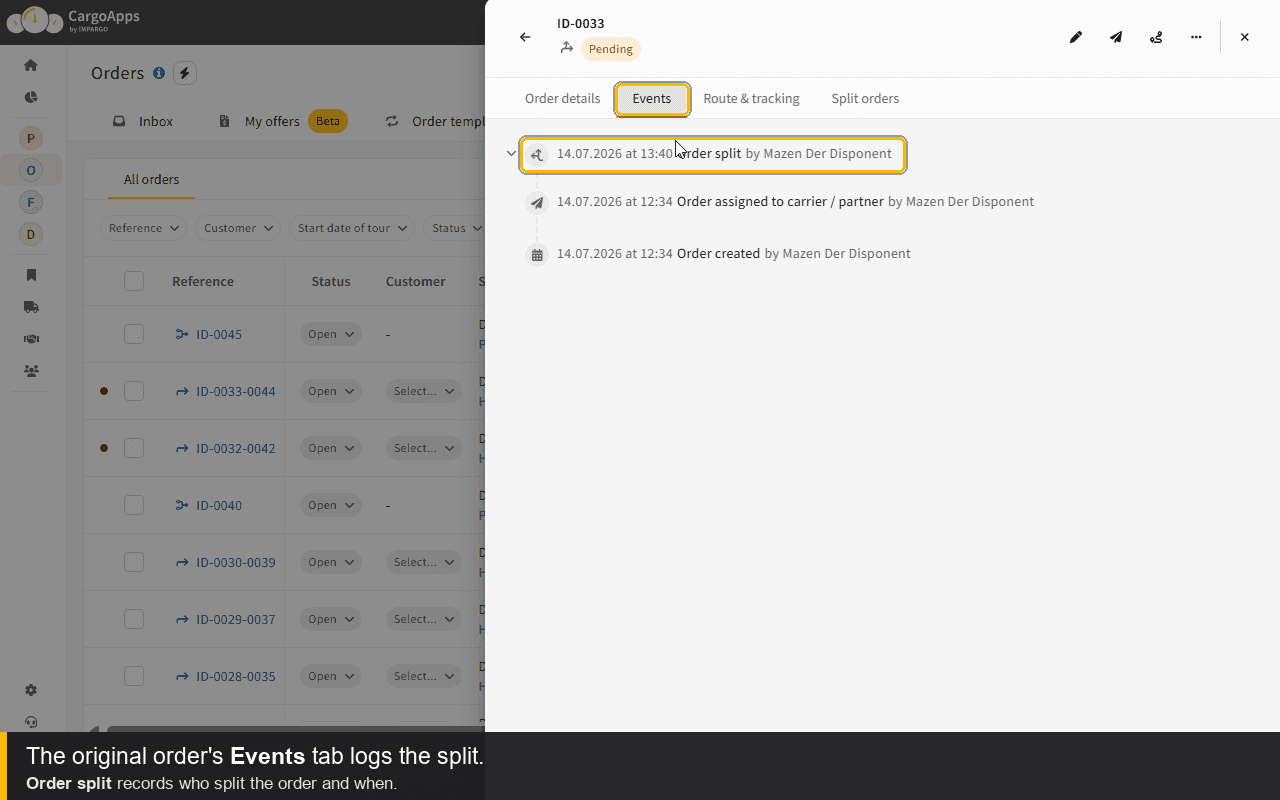 The original order Events tab logs the split