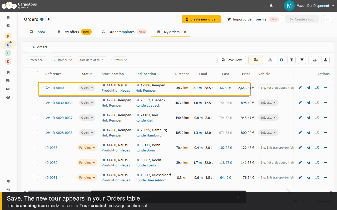 The pickup tour appears in the Orders table