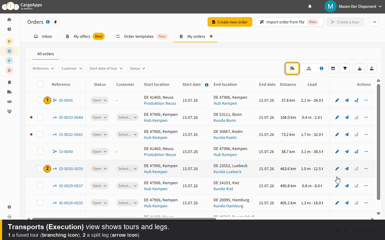 Transports Execution view showing tours and split legs