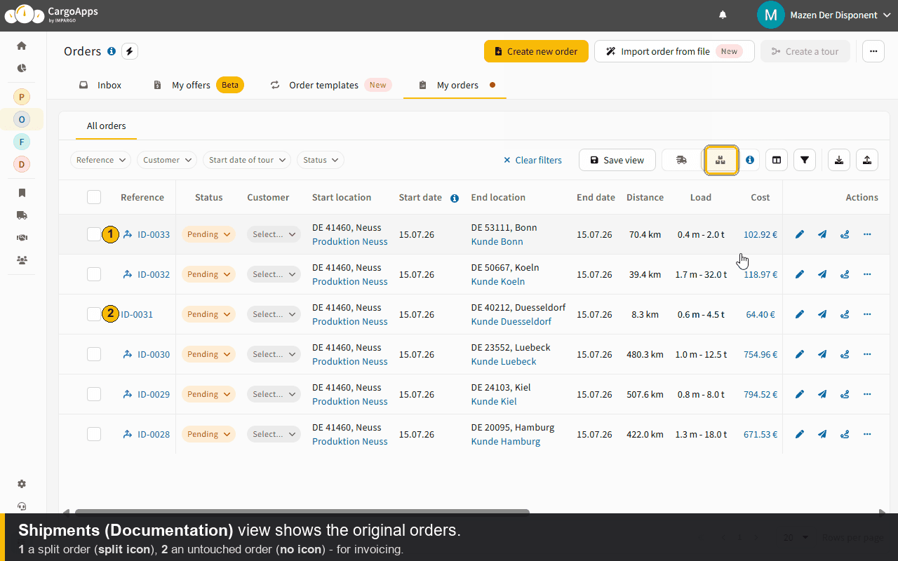 Shipments Documentation view showing the original orders