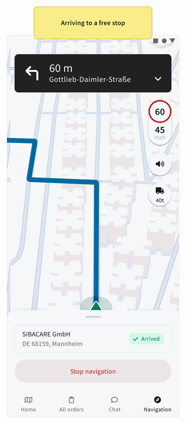 Arriving at a free-navigation stop shows only a Stop navigation control